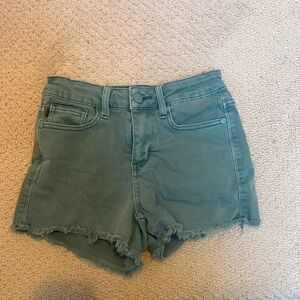 Judy Blue Seafoam Green High-Rise Frayed Hem Denim Shorts